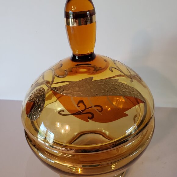Vintage Amber Embelished Lidded Candy Dish 8.5 Inches Tall - Picture 2 of 16